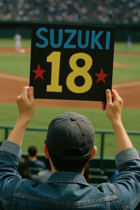 野球観戦で応援選手の名前と背番号を書いたボードを抱えているひとの後ろ姿